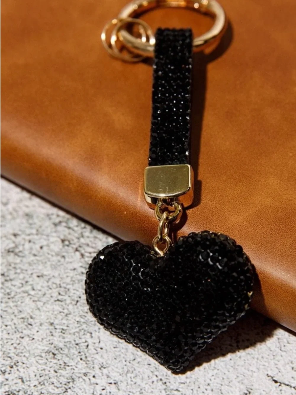 Fashion Heart Rhinestone Keychain • New • Black Sparkle • Gold Hardware